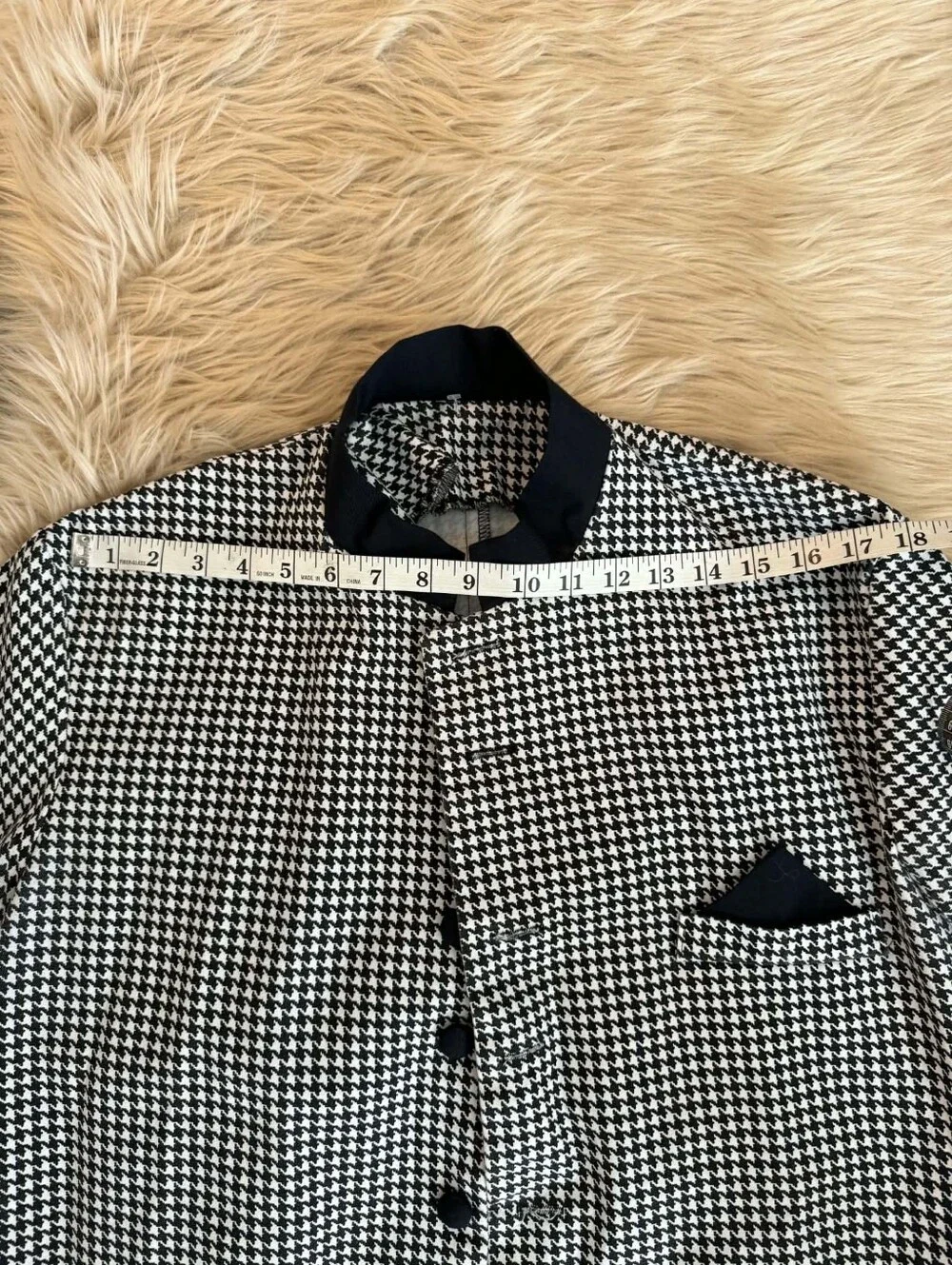 Vintage Handmade Houndstooth Mid-Length Coat with‎ Black Trim Women's Size Large